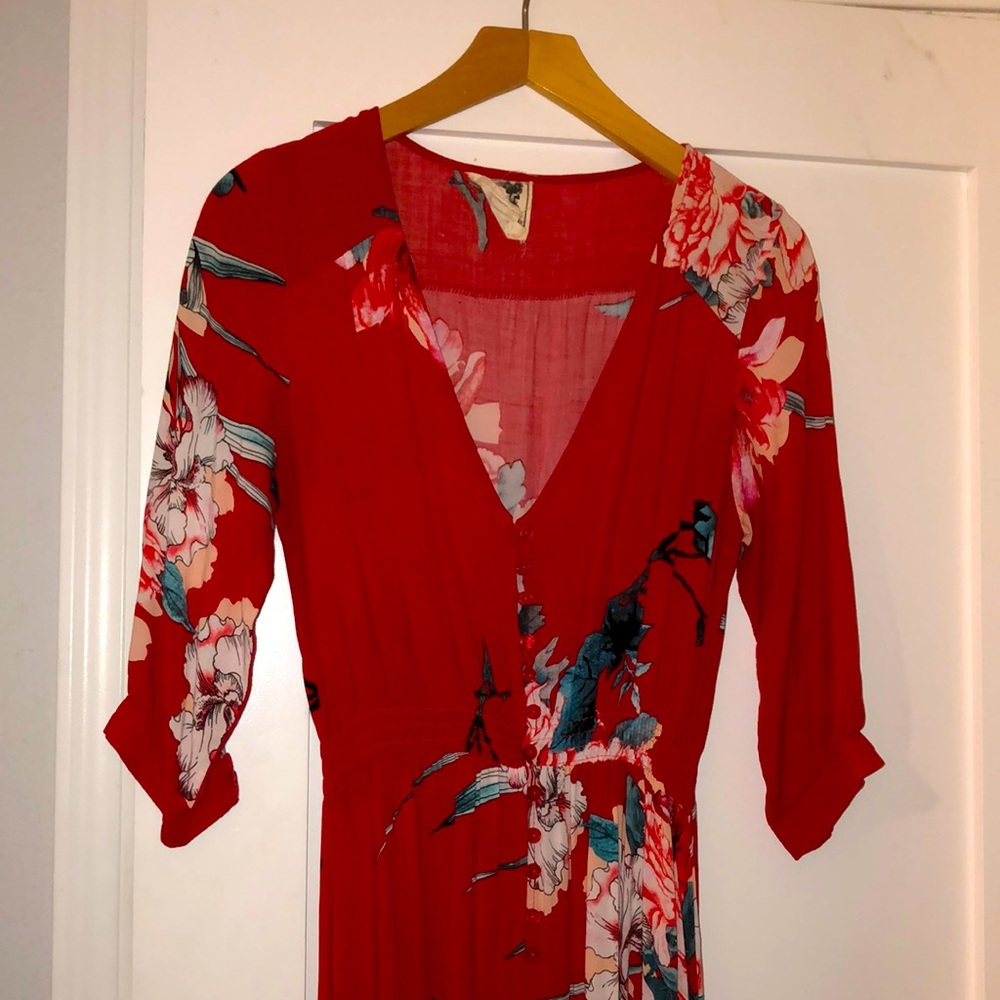 SOLD Red flouncy button up dress floral